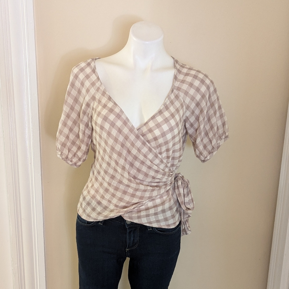 Madewell cream and tan plaid wrap top size S